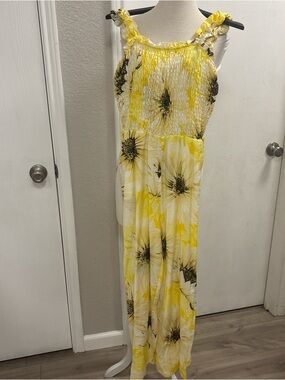H&M Yellow and White Floral Smocked Maxi Jumpsuit